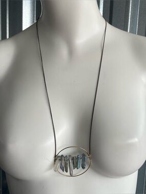 Crystal Point Pendant Necklace Quartz Silver Tone Statement